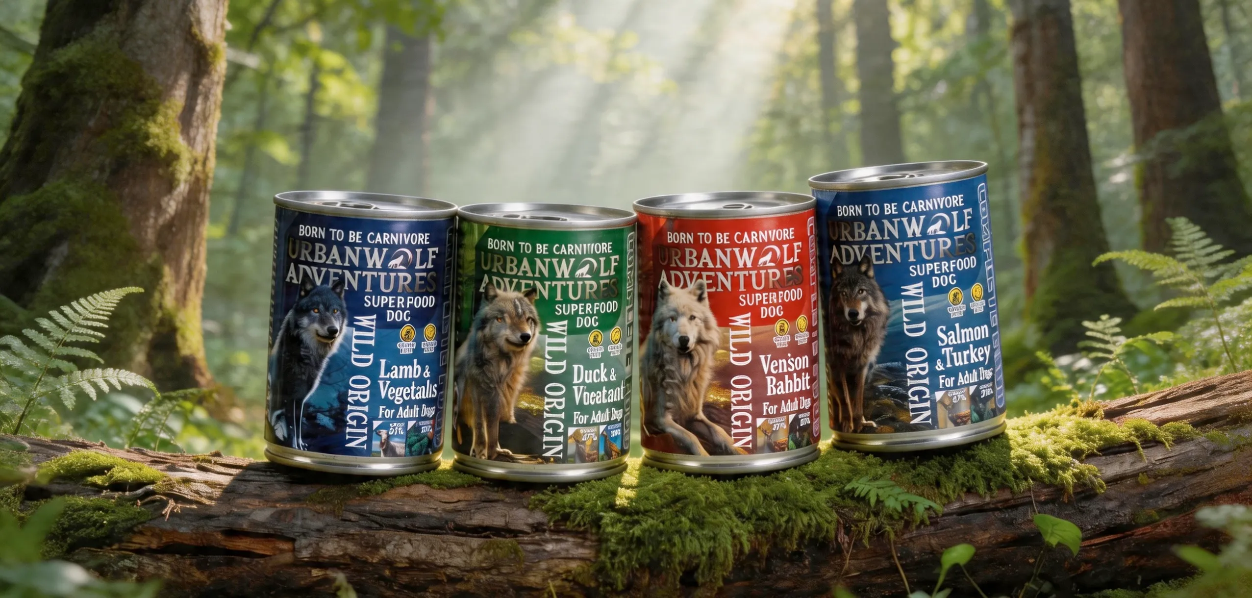 Urbanwolf Adventures dog wet food cans in a forest setting